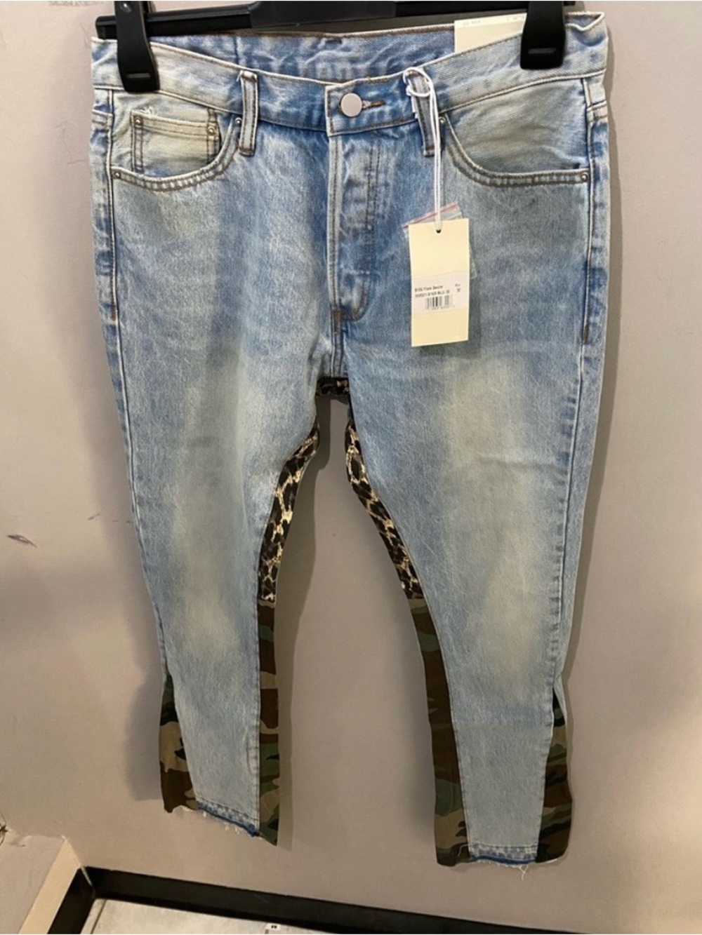 MNML Light Blue Skinny Jeans with Camo & Leopard Side Panels
